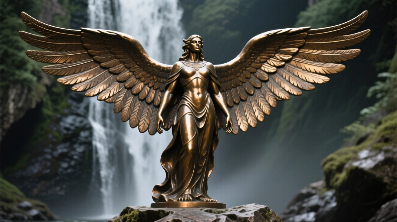 A guardian spirit standing watch over a hidden waterfall, with wings fully outstretched in majestic display, radiating awe and grandeur
