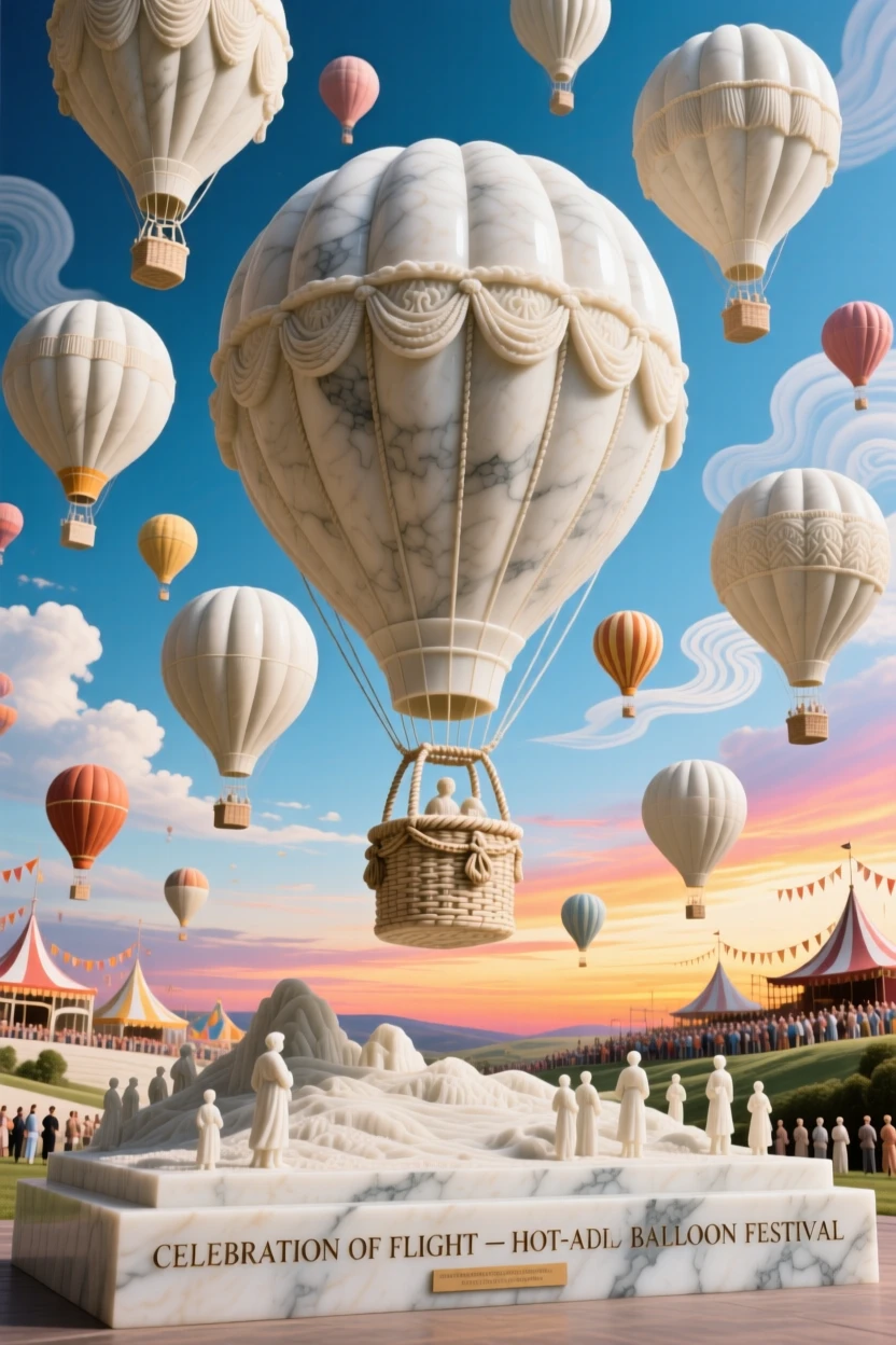A beautifully composed image of a hot-air balloon festival filling the sky with color, under a brilliant, colorful sky, full of atmosphere and visual storytelling