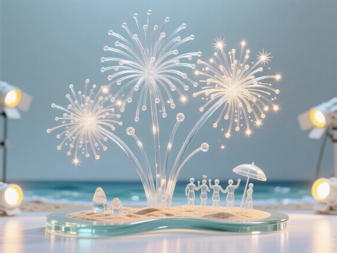 Fireworks bursting above a summer beach celebration, with fireworks lighting up the summer sky