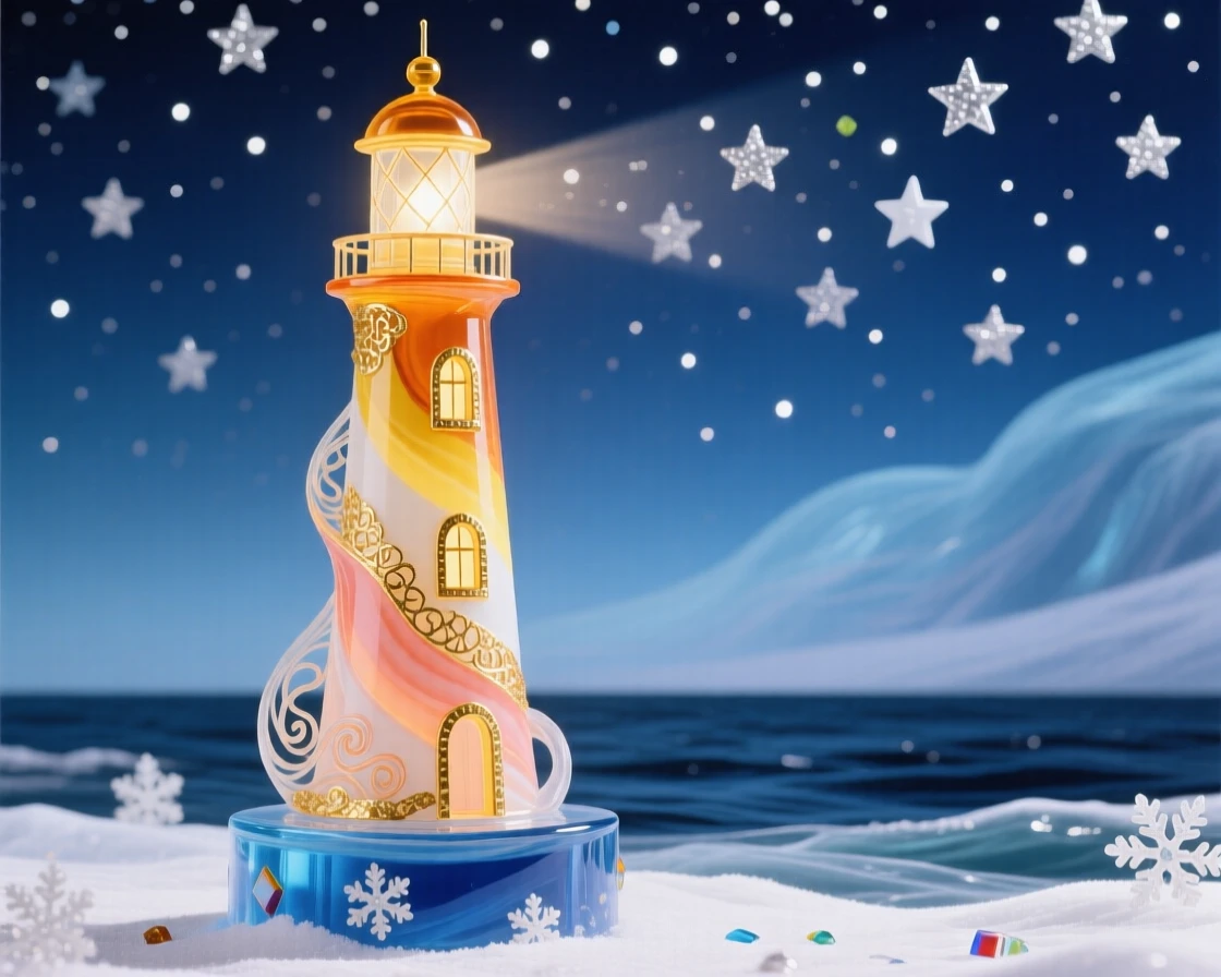 A lone lighthouse glowing warmly against a star-filled winter sky, resilient and serene.