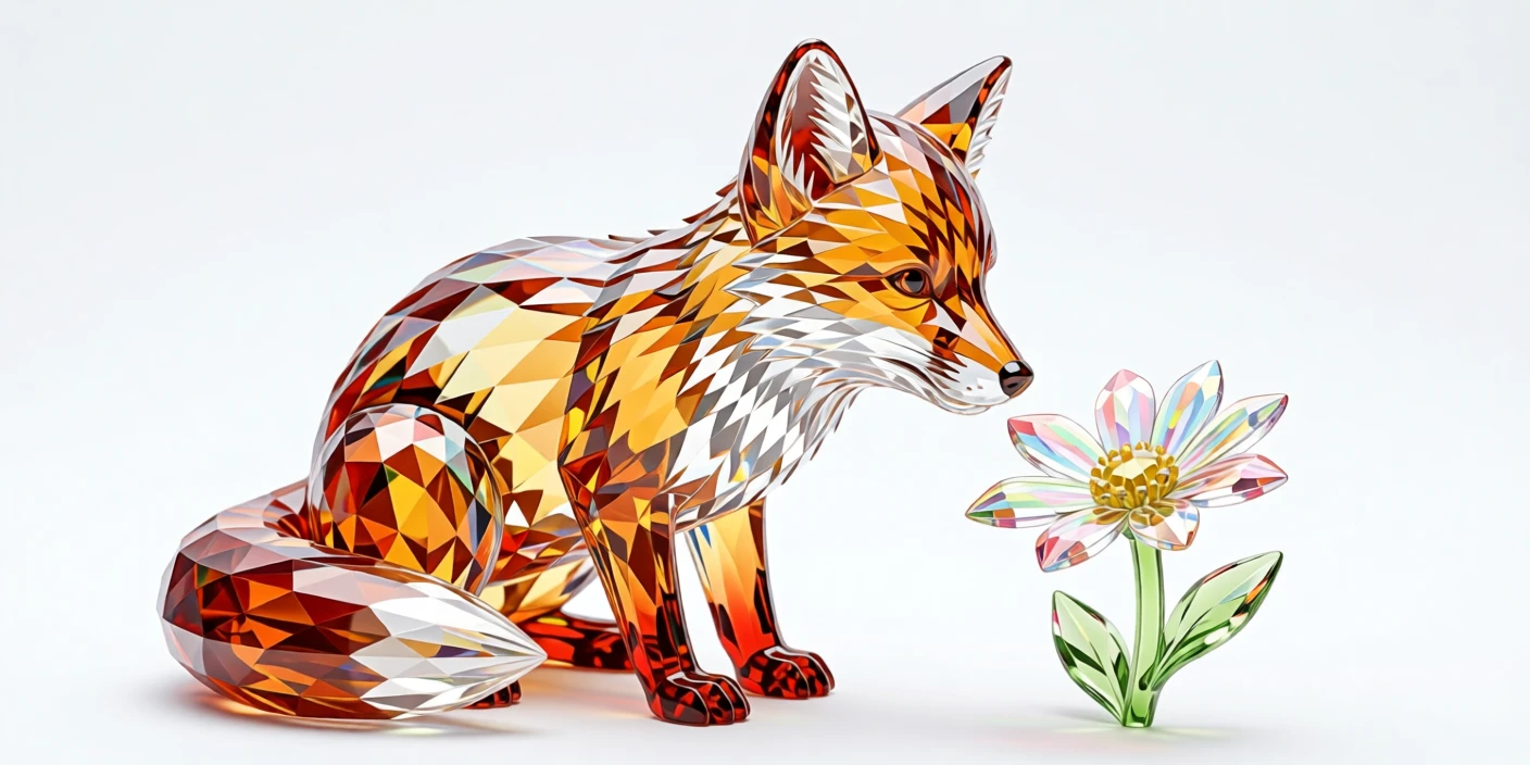 A fluffy baby fox curiously sniffing a single wildflower.