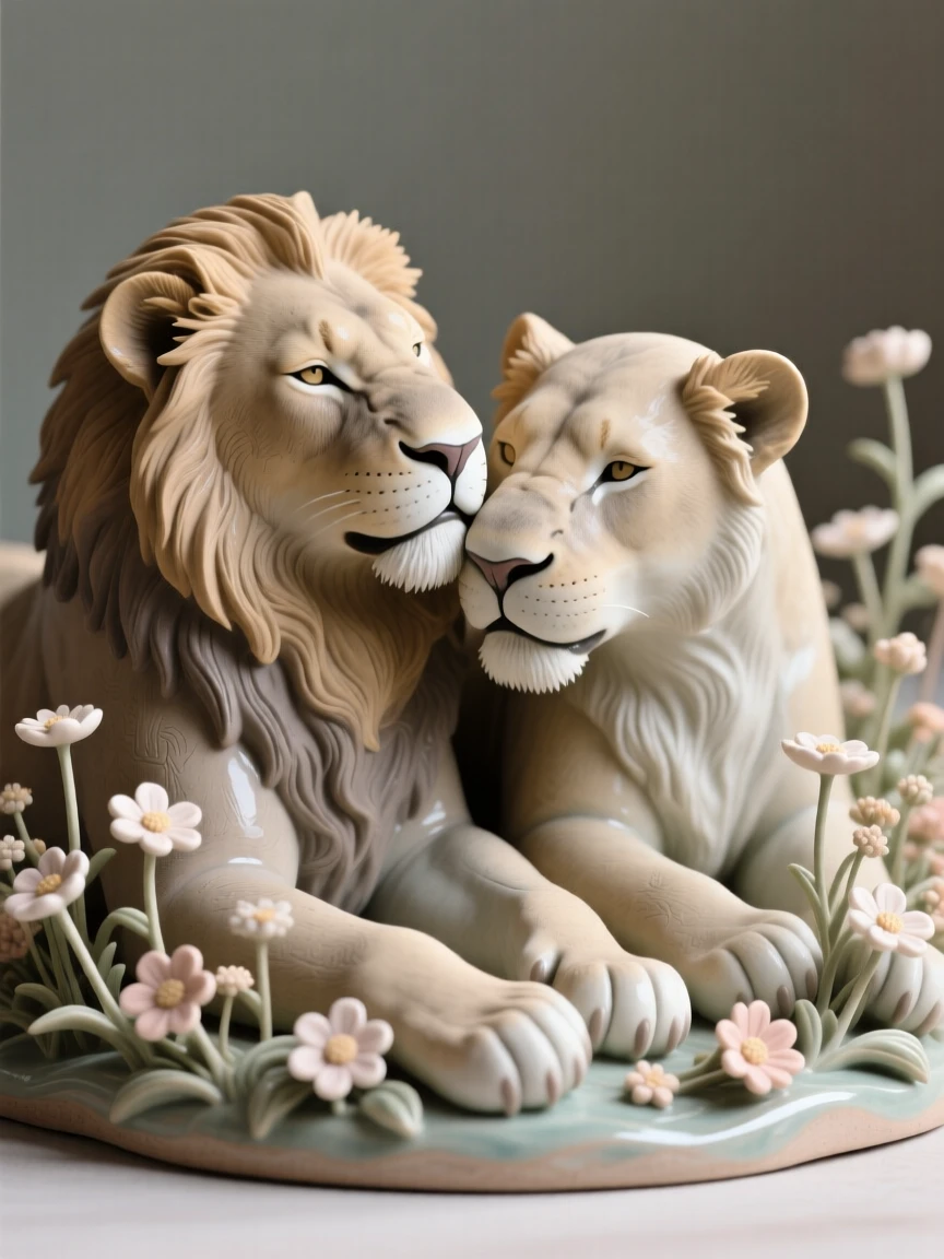 A resting lioness nuzzling gently against its companion, surrounded by wildflowers in soft bloom, radiating warmth and tender innocence.