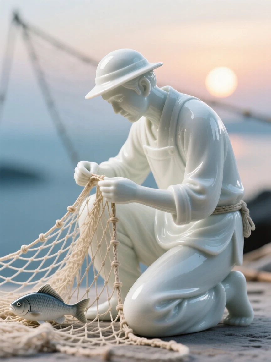 An everyday moment of quiet beauty: a fisherman mending nets at sunrise, captured in soft natural light.
