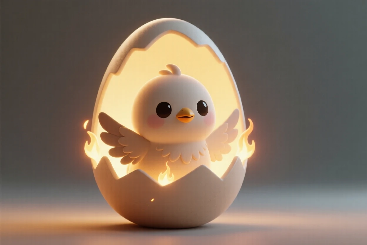 A gentle baby phoenix hatches from a glowing egg, tiny flames flickering along its downy feathers.