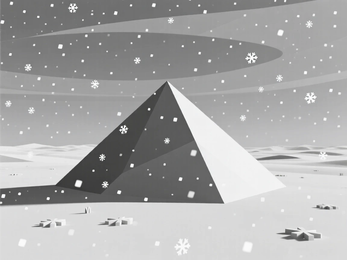 A vast desert dune under a blazing sky, beneath a blanket of soft snowfall. the composition uses a wide, sweeping perspective. A deep sense of peace fills the landscape.