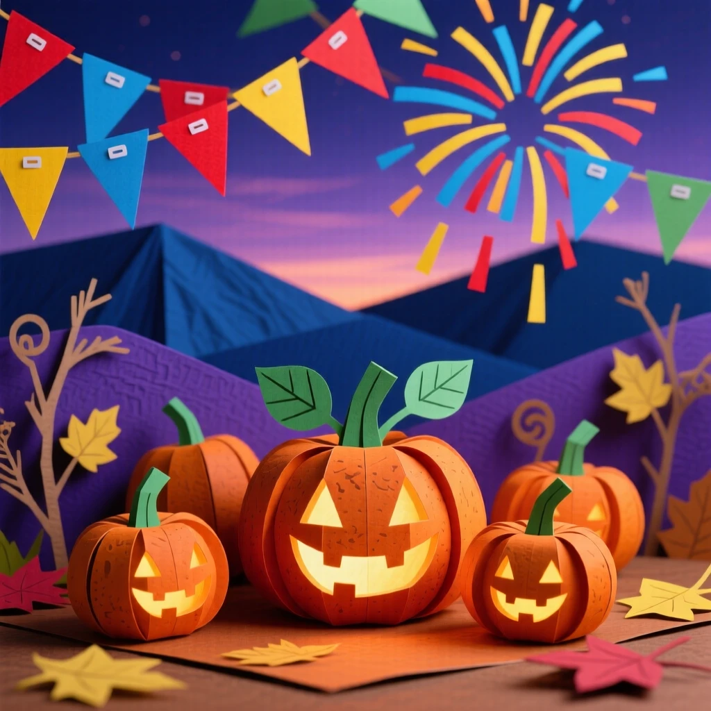 A glowing pumpkin patch at dusk set beneath a canopy of colorful decorations, with fireworks bursting colorfully overhead, conveying togetherness and celebration.