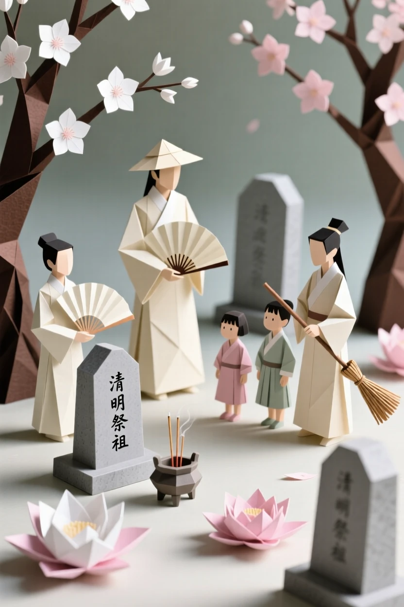 A Chinese Qingming tomb-sweeping festival scene with families tending ancestral graves among blossoming trees.
