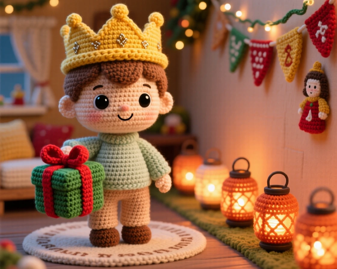 a small boy wearing a paper crown, for a Three Kings celebration, is shown carrying a small gift for the festivities in a cozy home decorated for a family tradition beside a row of glowing lanterns lining the path, capturing bright, celebratory warmth.