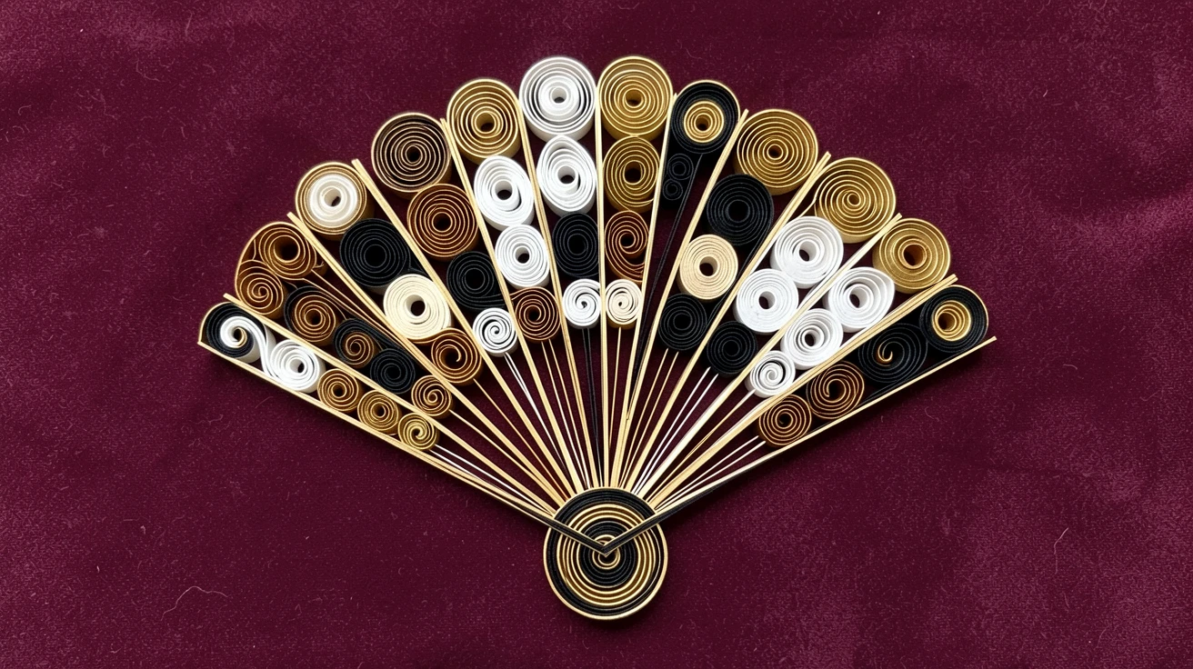 An elegant design featuring an art deco fan motif with fanning symmetrical lines, structured with clean geometric precision, with fine hair-thin linework throughout, presented on a rich burgundy fabric backdrop.