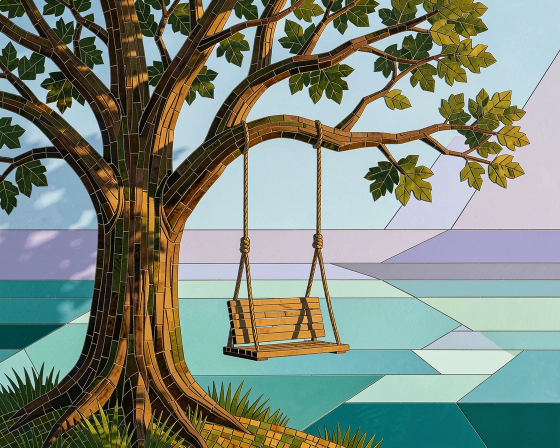 A rustic wooden swing hanging from an old oak tree by a lake.