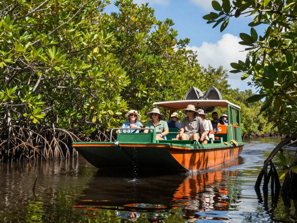 A Florida Everglades airboat gliding through mangroves