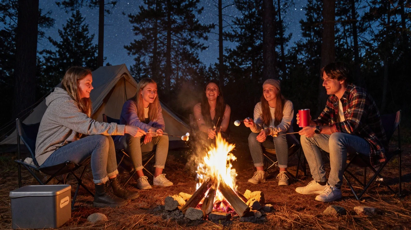A group of friends roasts marshmallows over a crackling campfire under a starry sky.