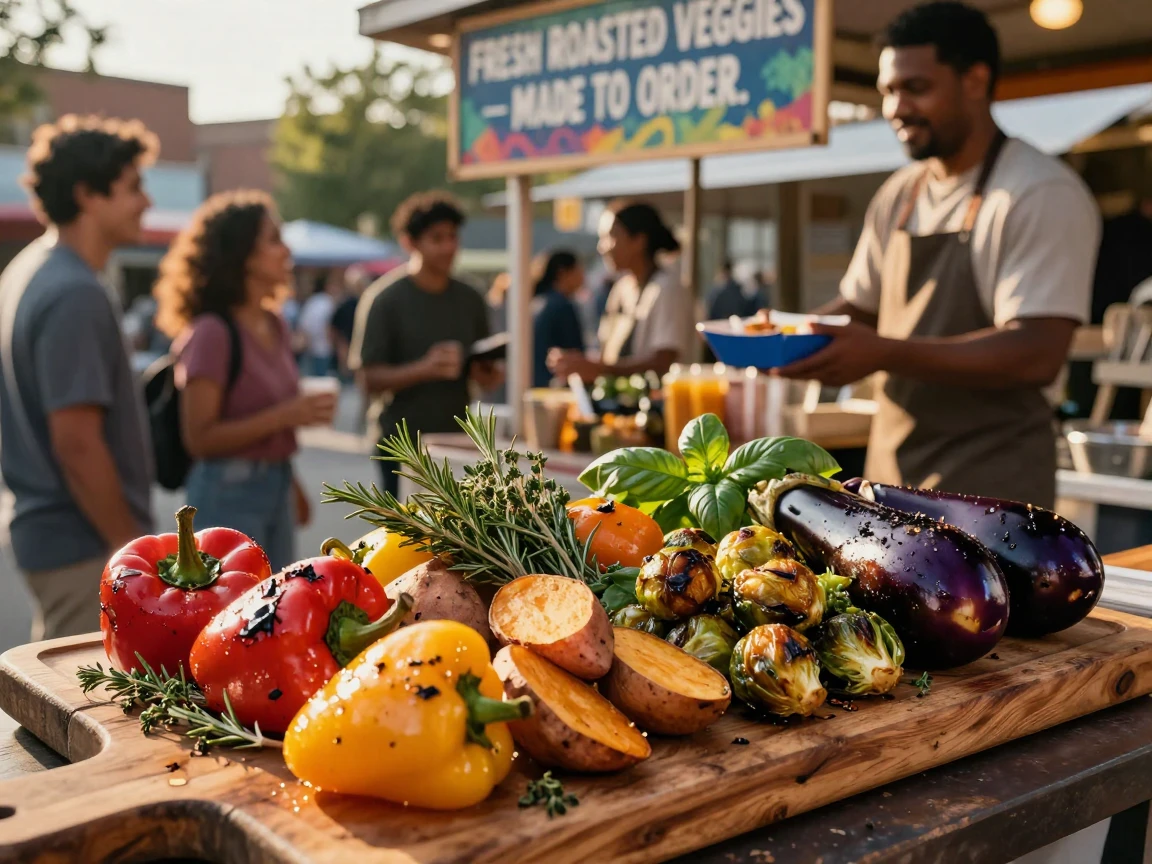 A wooden board loaded with roasted vegetables and herbs at a lively street food stall