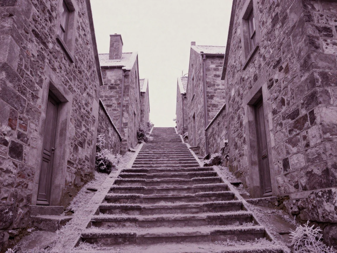 A worn stone staircase winding between ancient stone houses, under a pale winter sky, with frost coating every surface, in the depths of winter, in dusty lavender and rose tones, framed symmetrically down a long corridor.
