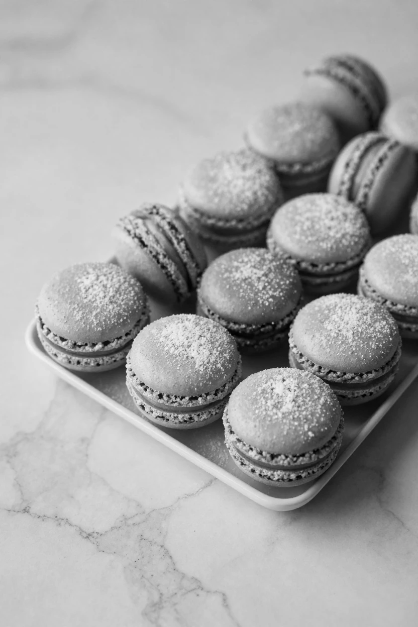 A tray of macarons is dusted lightly with powdered sugar on a marble countertop.