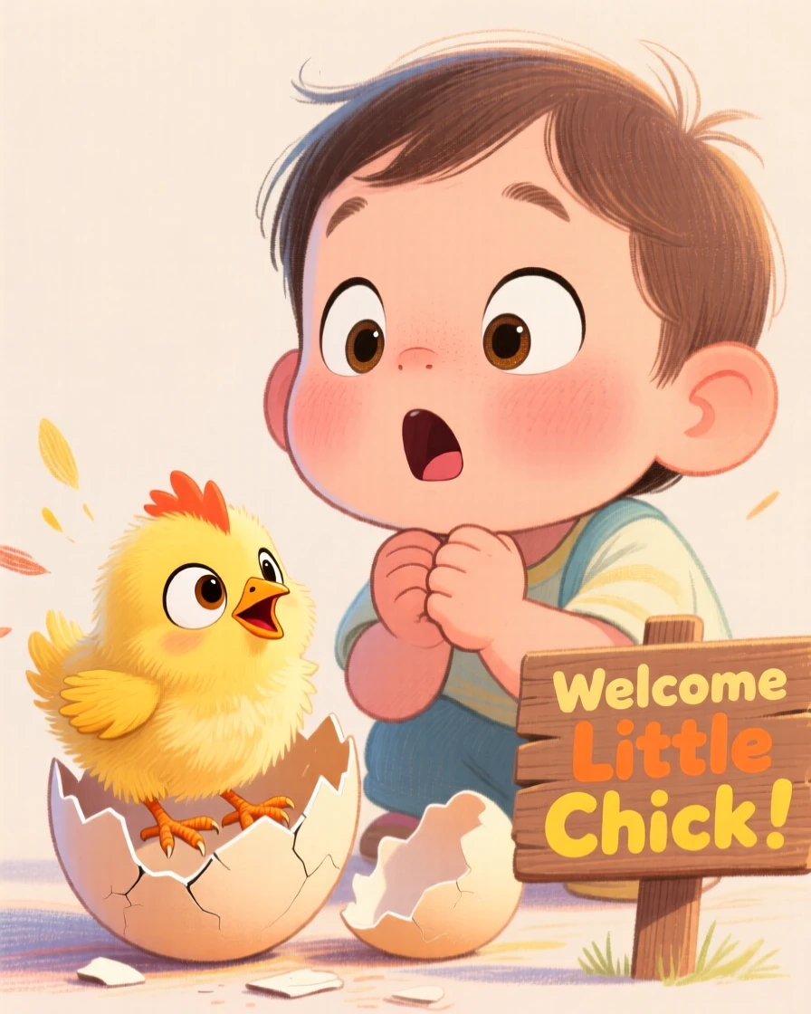 A child watching wide-eyed as a hatching chick pecks its way out of an egg.