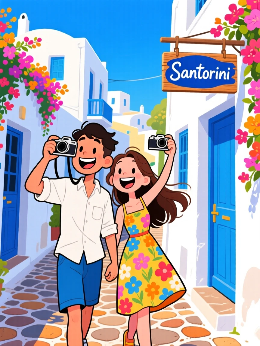 An iconic travel scene featuring a young couple wandering the colorful streets of Santorini, with cameras raised and wide smiles.