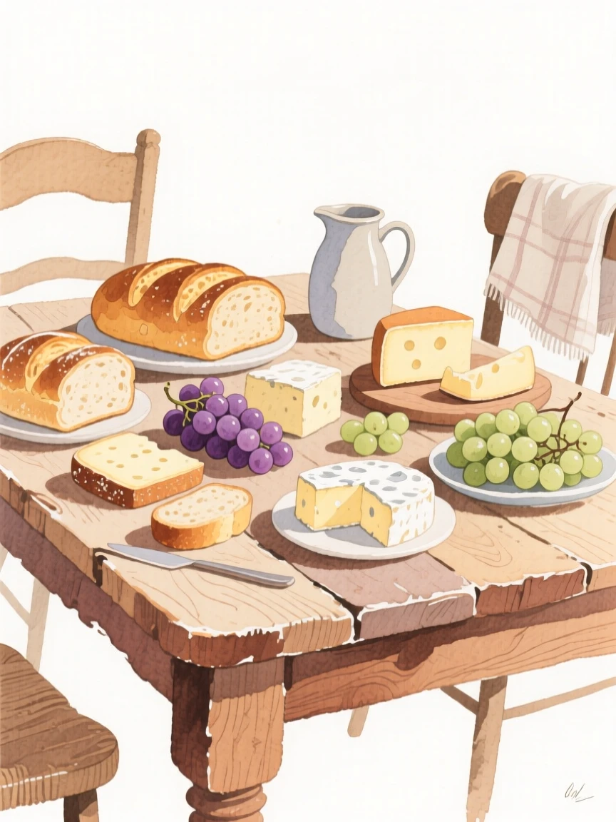 A cozy, appetizing, rustic and comforting scene of a rustic table spread with fresh bread, cheese, and grapes