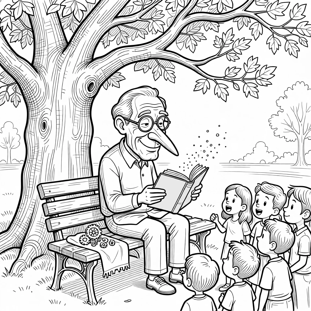 An old librarian recommending a favorite dusty novel, scattering breadcrumbs to an eager, cooing crowd, set on a park bench beneath old oak trees. Tiny gears and springs are scattered neatly on a cloth. The image honors a lifetime of stories worth telling.