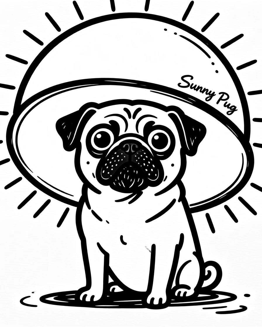 A pug sitting inside a giant sunhat, only its eyes and ears peeking out.