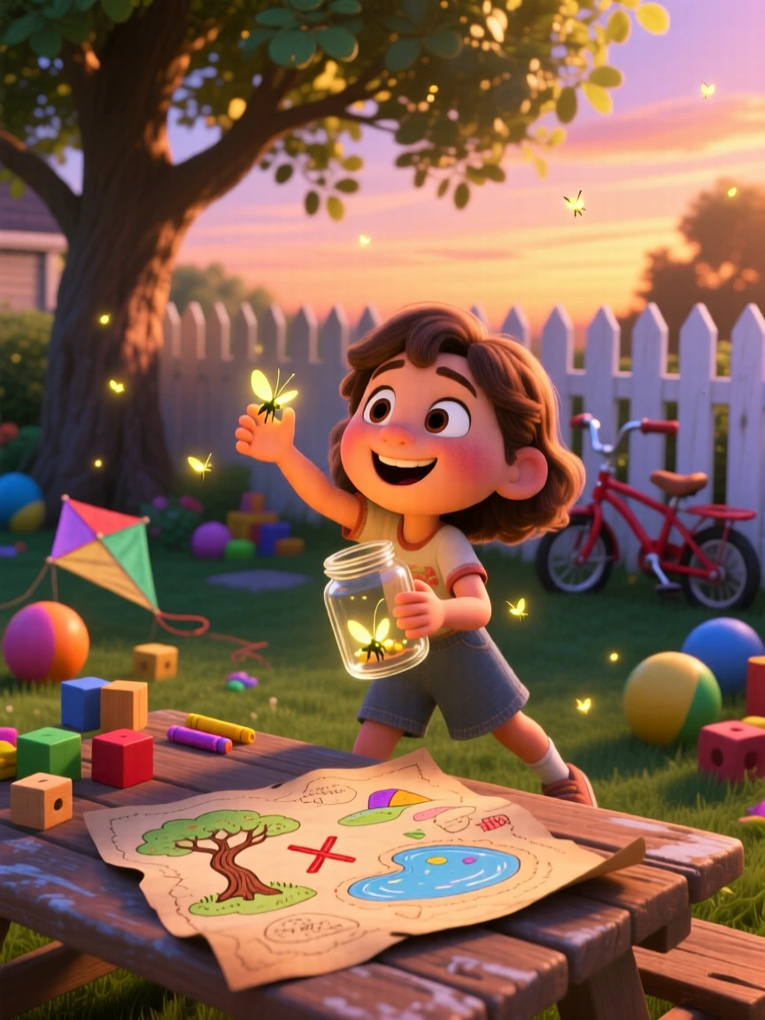 A girl catching fireflies in a jar at dusk takes place in a sunny backyard scattered with toys, with a handmade treasure map spread out nearby. A lighthearted sense of discovery colors the moment.