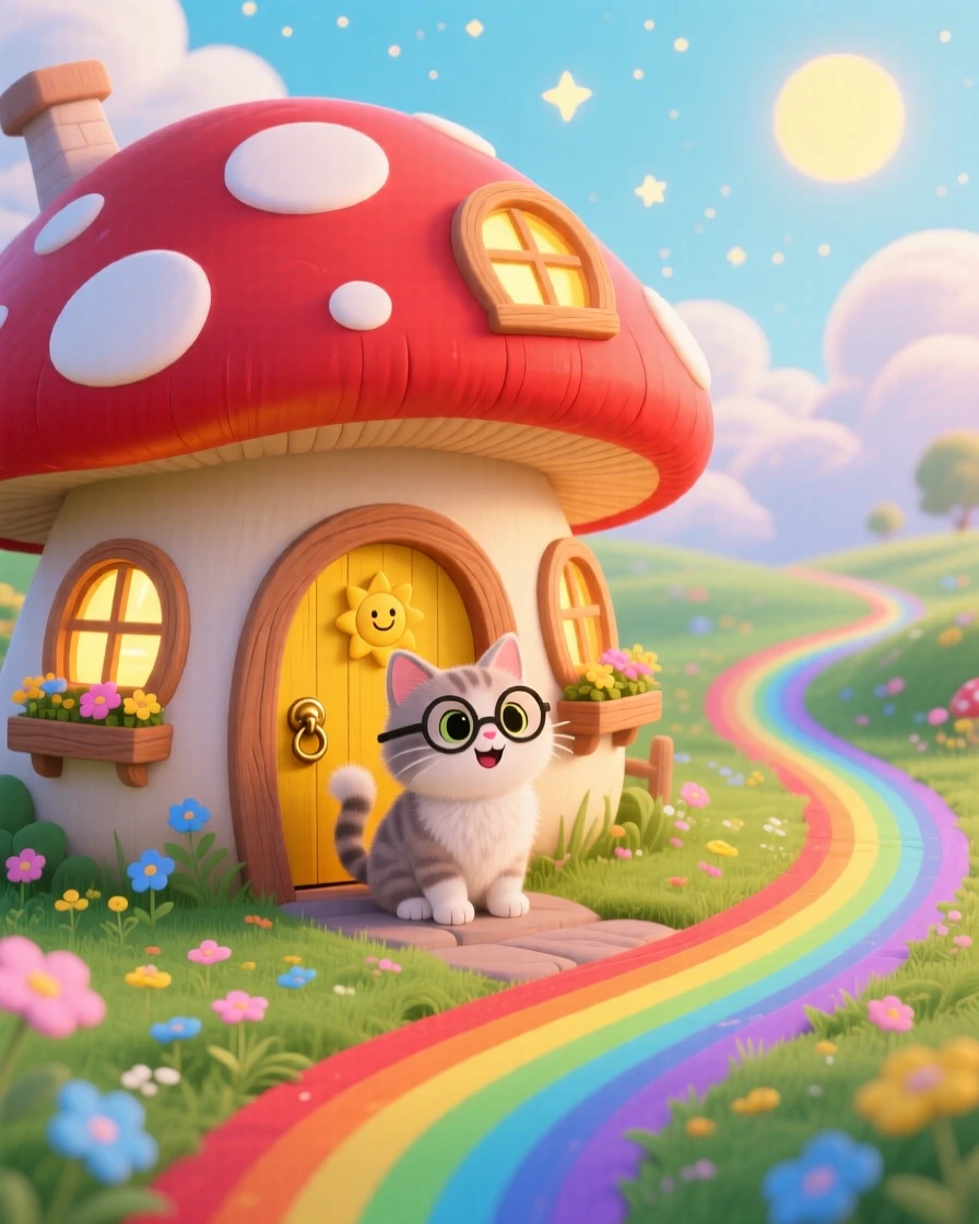 A cat wearing tiny spectacles delights in living in a house built inside a giant mushroom, tucked within a land where every path is a rainbow, while a warm glow radiates from every window.
