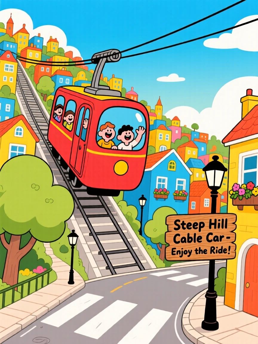 A cable car climbing steep streets above a hillside city.