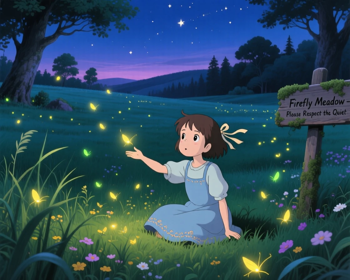 A nighttime scene of a firefly-lit meadow glowing softly after dusk, hushed and magical.