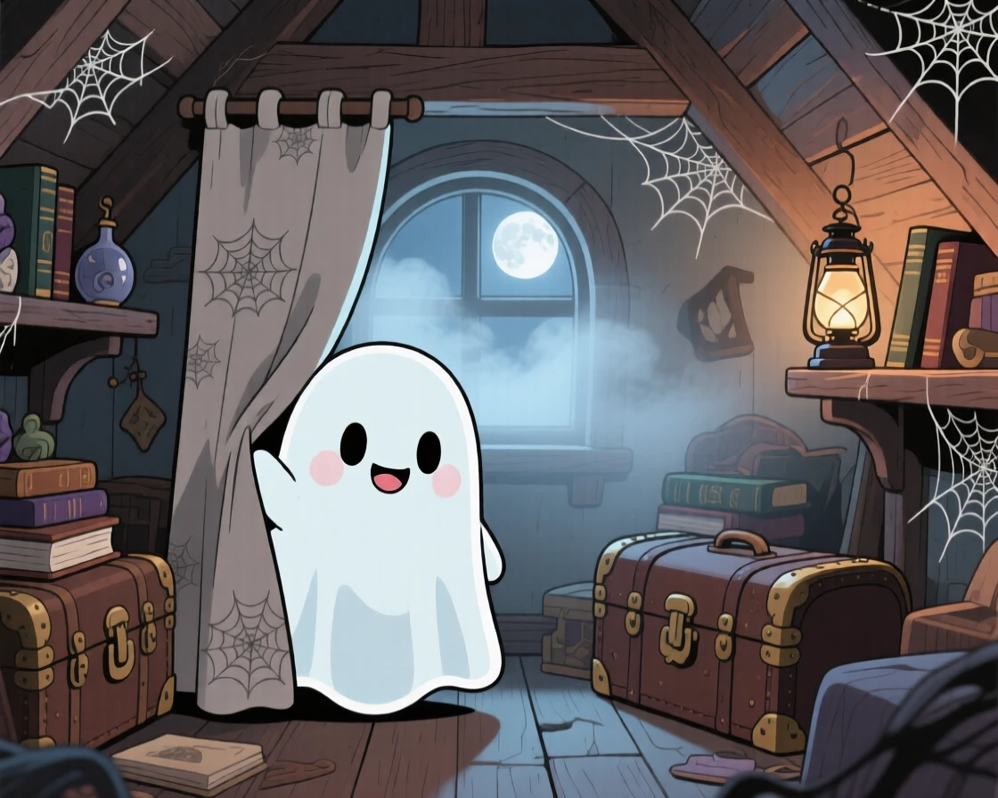 In a cozy haunted attic, a round friendly ghost is playing peekaboo behind a curtain on a misty foggy morning, bathed in soft moonlight, expression full of brave confidence. Shot as a symmetrical front-on view.