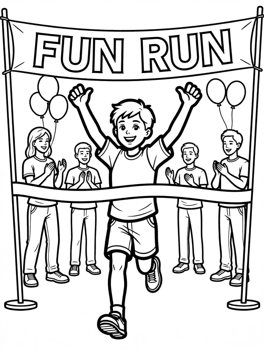 A young athlete crossing the finish line of a fun run