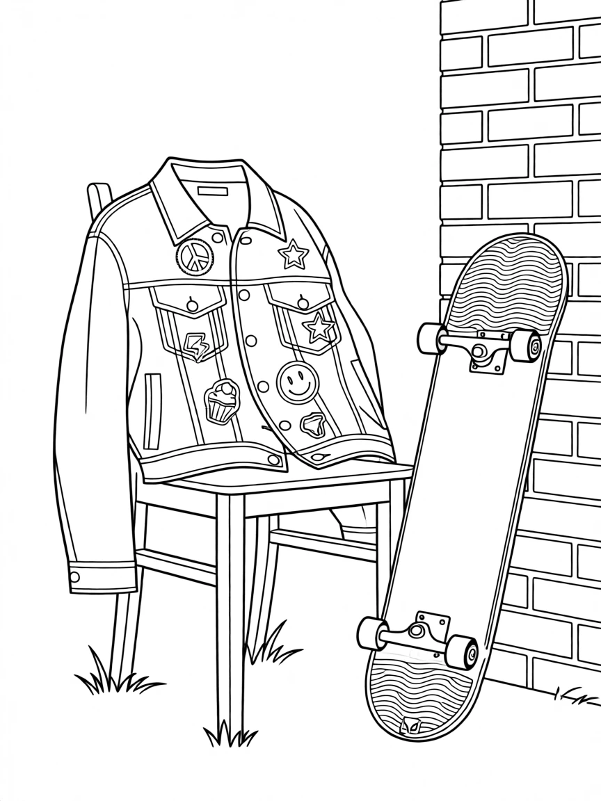A denim jacket covered in embroidered patches and pins, paired with a skateboard leaning against a brick wall.