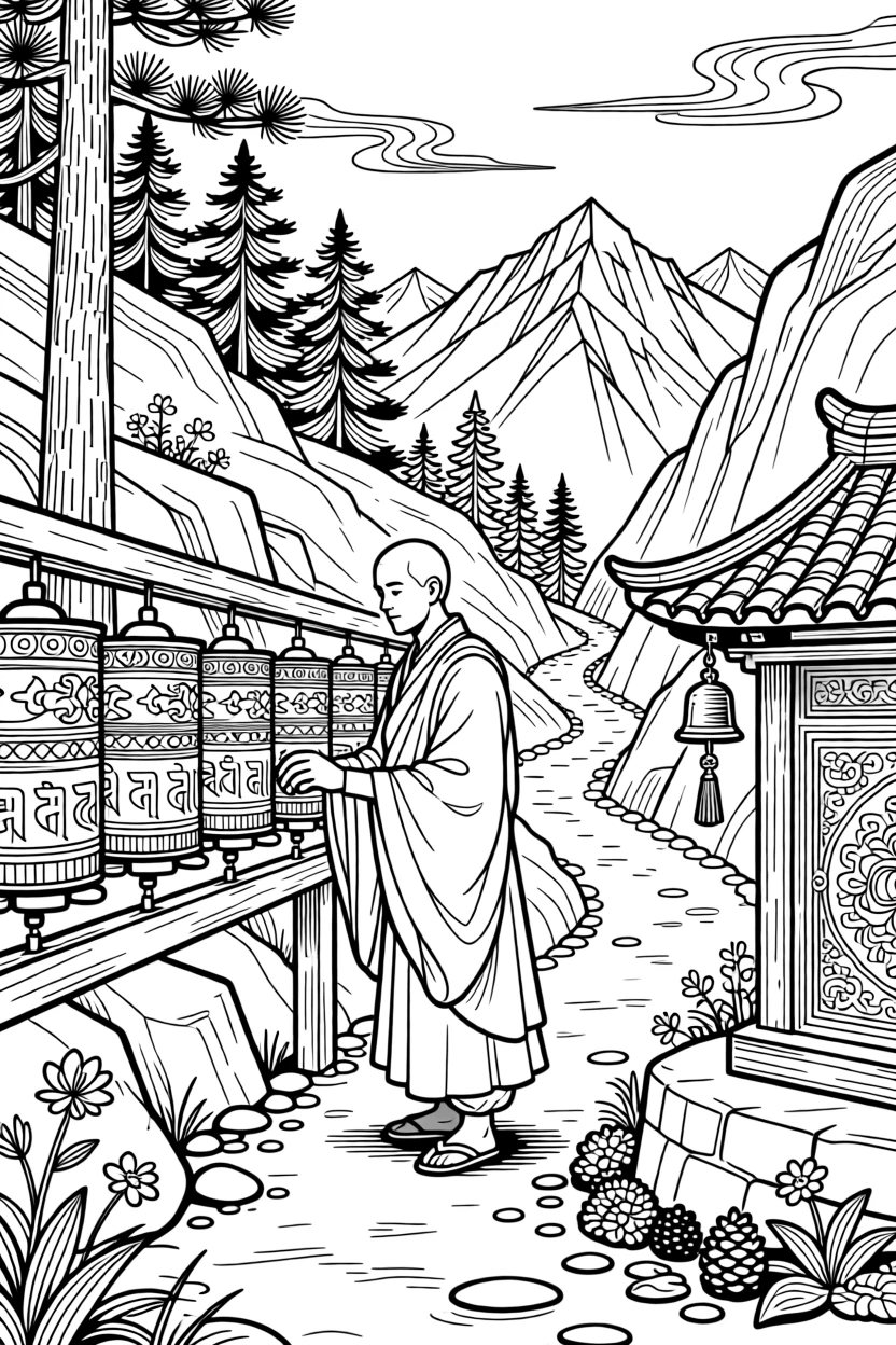 A monk spinning prayer wheels along a mountain path.