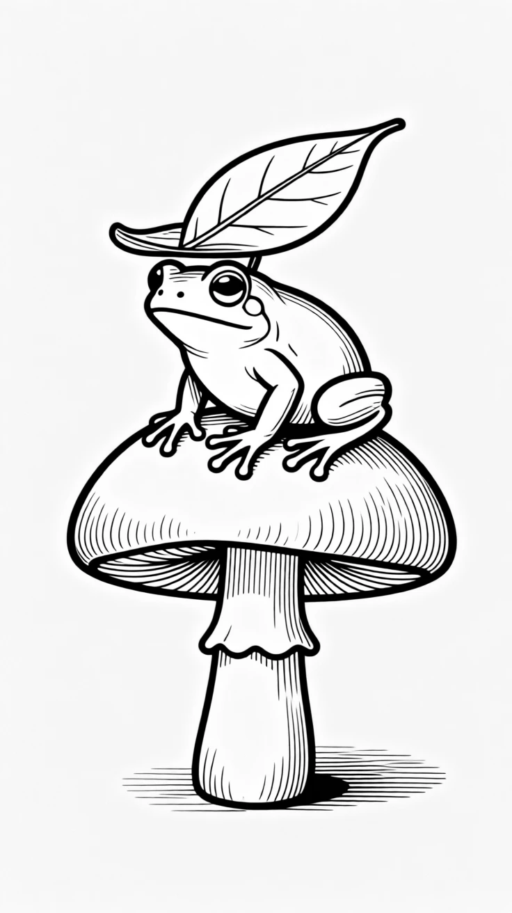A tiny frog sitting on a mushroom wearing a leaf hat