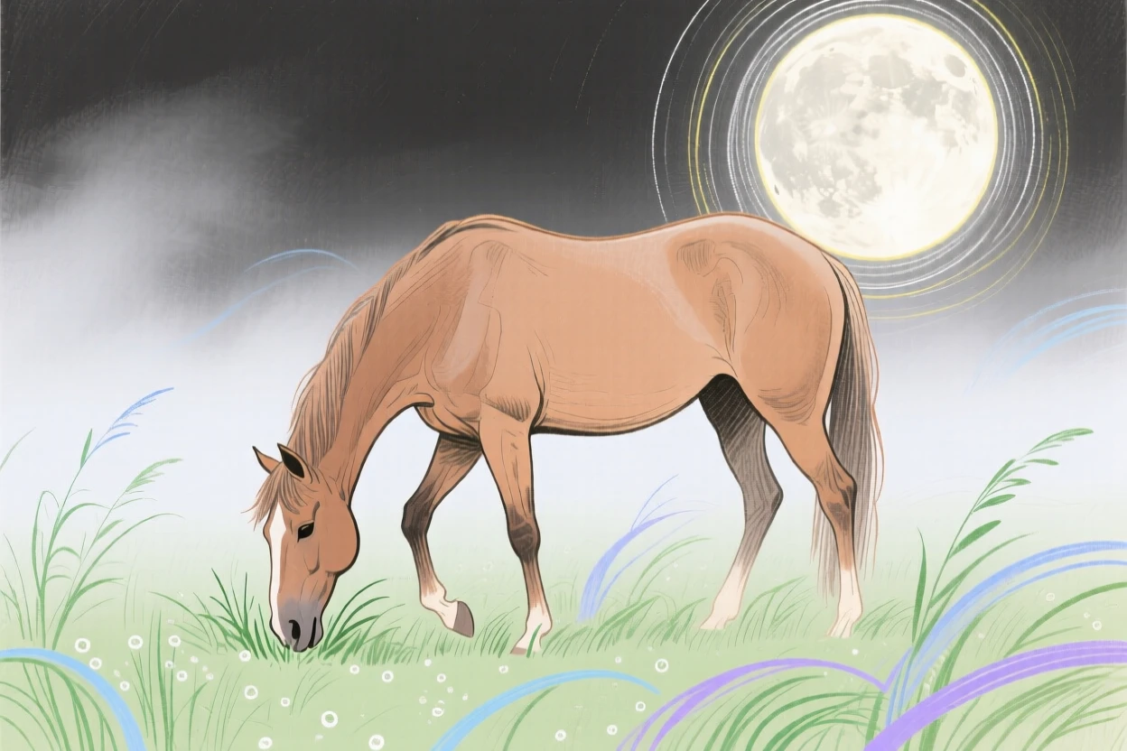 A grazing horse exploring in a misty morning field under a full moon.