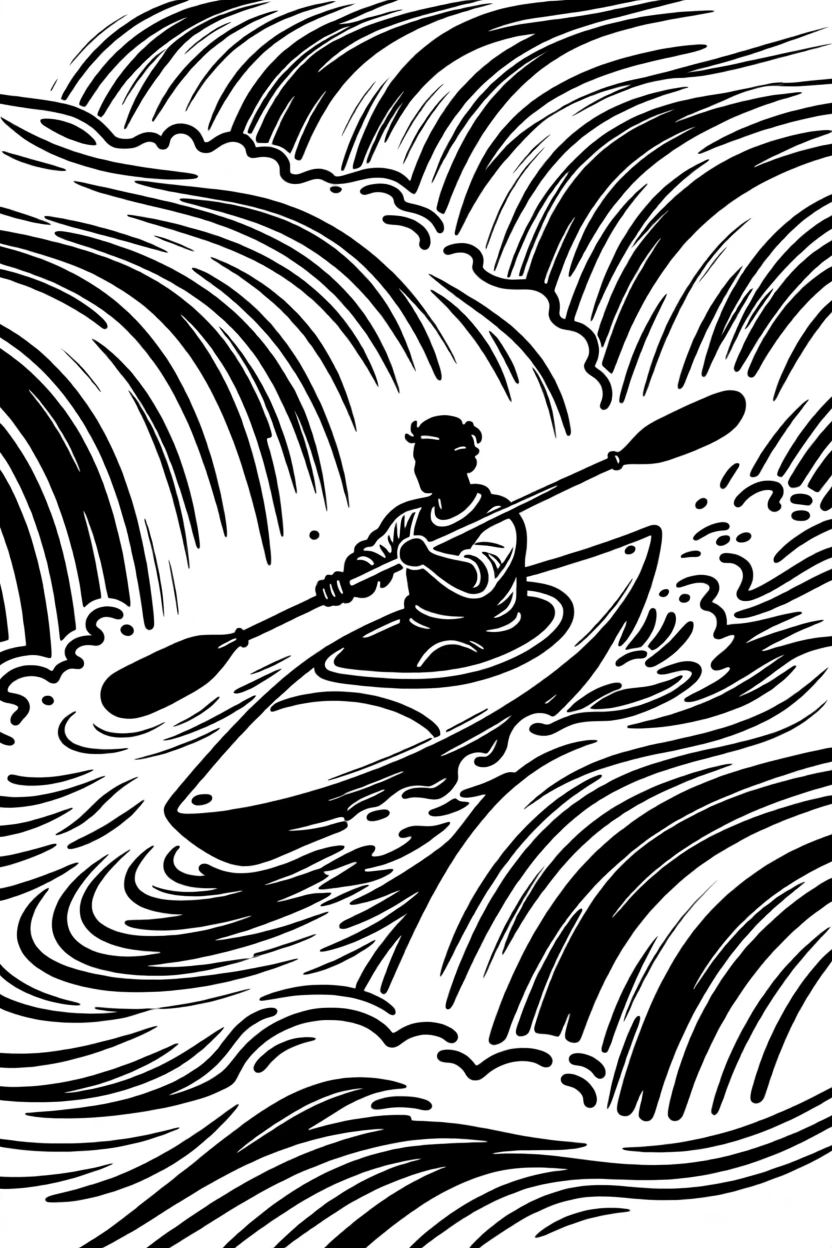 A kayaker paddling through churning whitewater rapids.