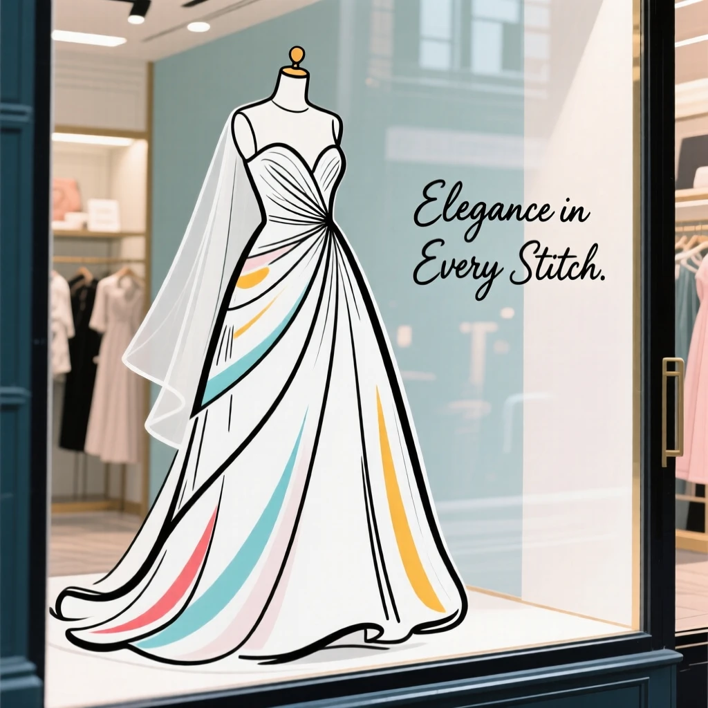 An elegant wedding gown displayed on a mannequin in a boutique window.