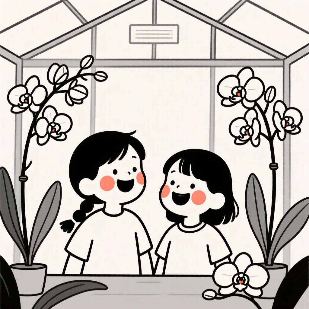 Siblings laughing together of Italian heritage, full of curious wonder, in a greenhouse full of orchids.
