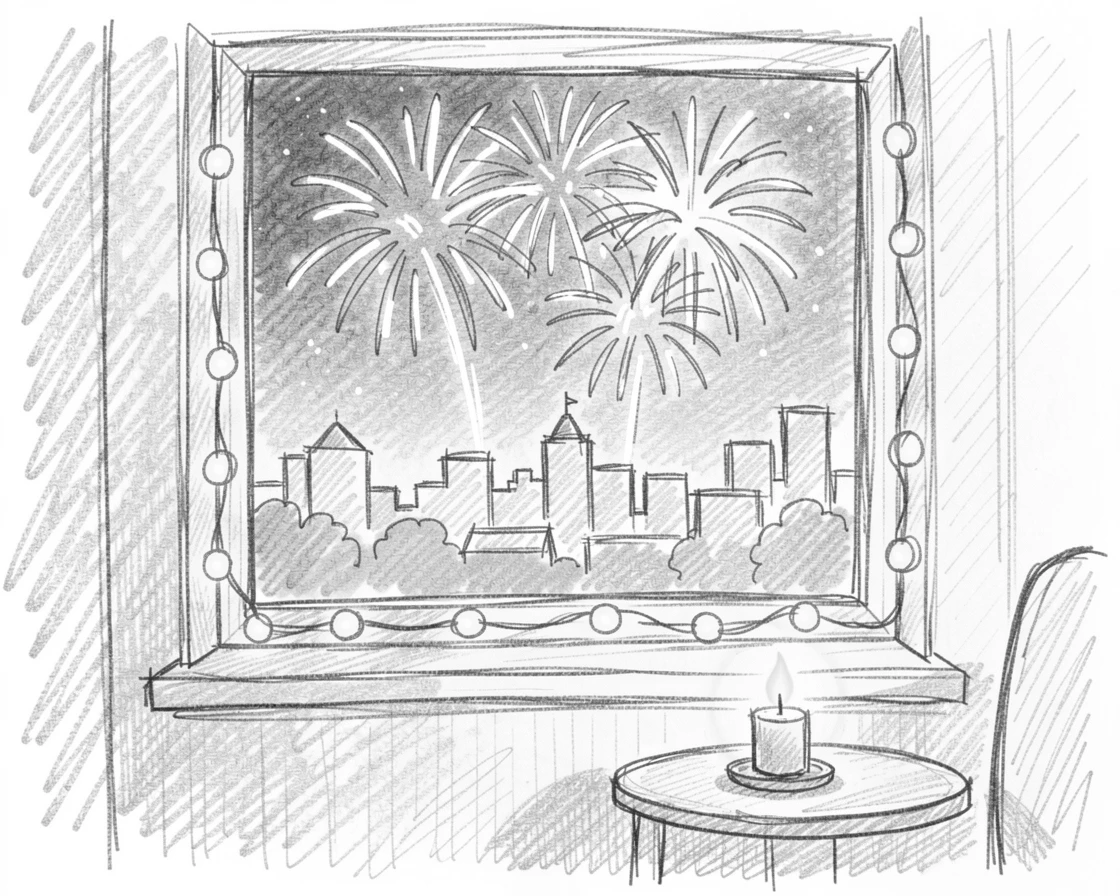 A festive scene of fireworks bursting over a summer night skyline in a cozy candlelit room, with twinkling lights glowing warmly.