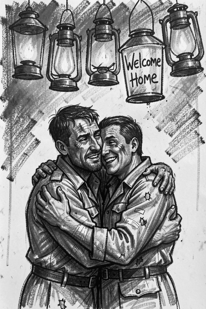 A wounded soldier being welcomed home with an embrace, under a canopy of colorful lanterns.