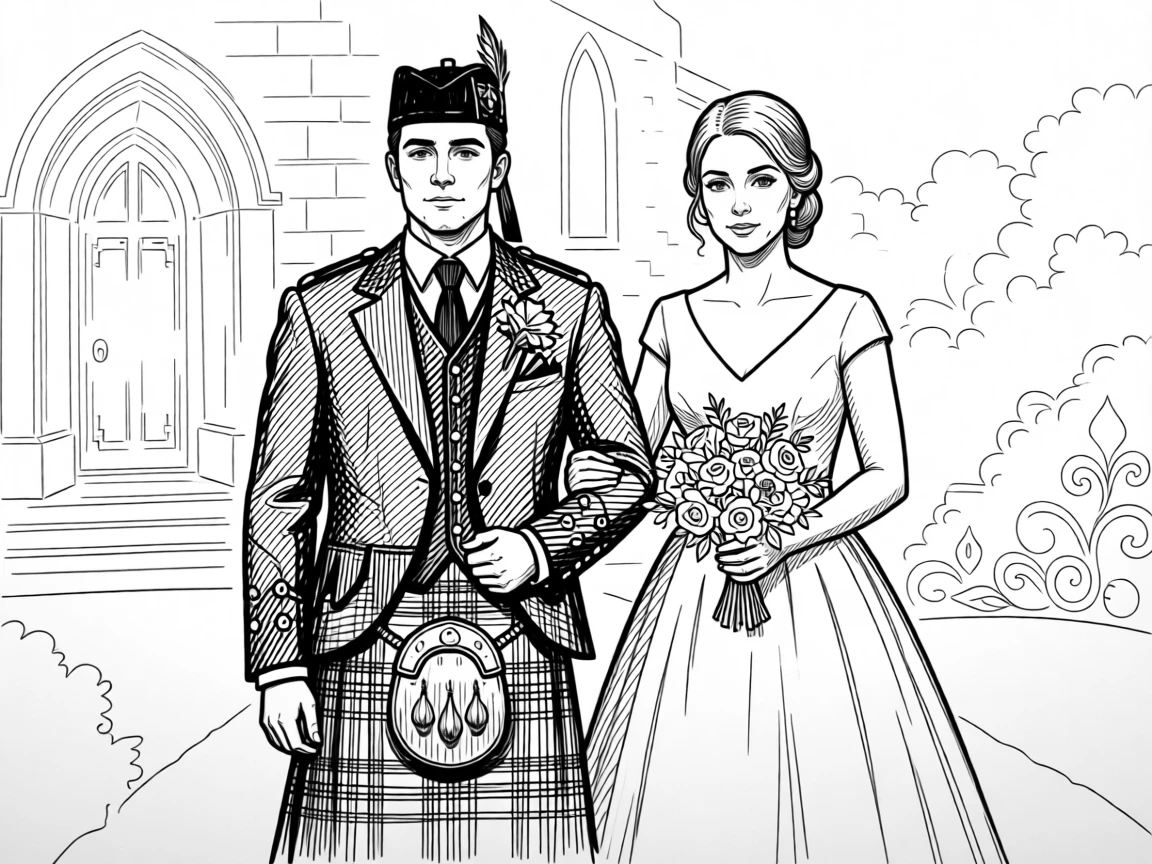 A traditional Scottish wedding with the groom in full formal tartan attire.