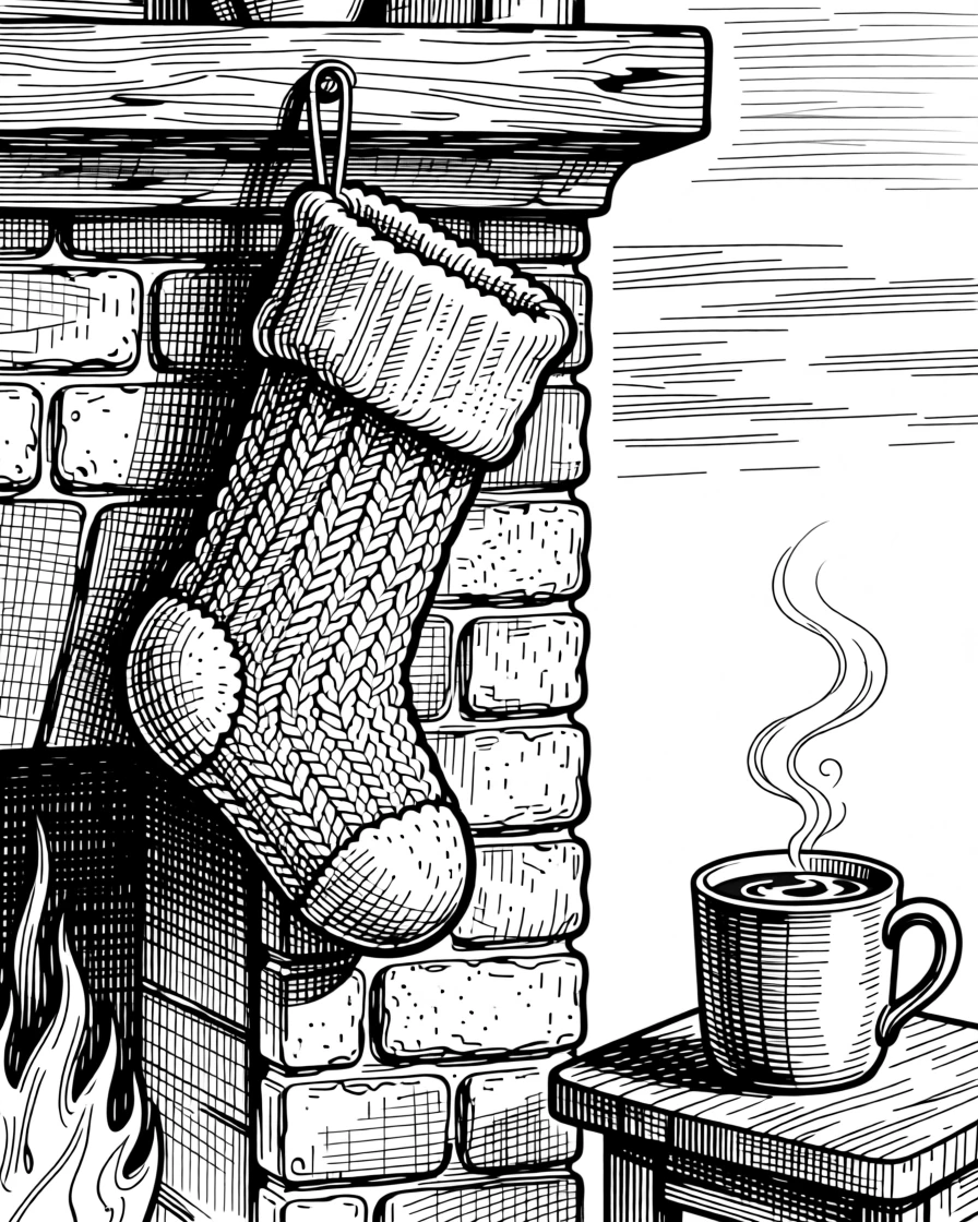 A cozy stocking hung by a fireplace under a sky painted with the colors of a harvest sunset, with a steaming mug of cocoa resting nearby, capturing a full of holiday spirit seasonal moment.