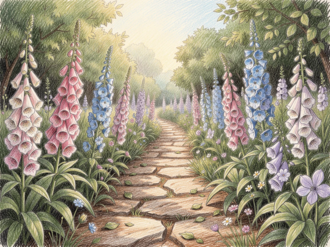A cottage garden path lined with foxgloves and delphiniums, set against a softly lit, atmospheric backdrop, designed to feel inviting, memorable, and shareable.