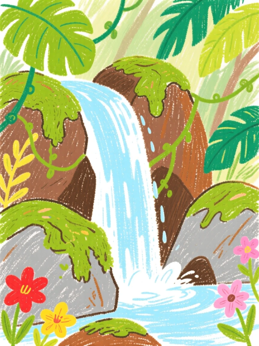 A gentle waterfall trickling over moss covered rocks in a jungle.