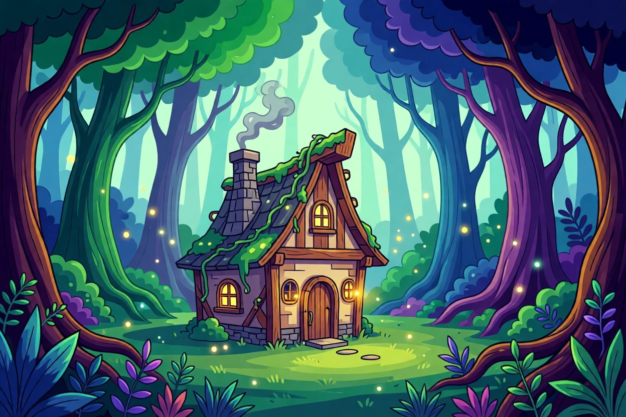A witch's cottage nestled in a whimsical forest clearing, surrounded by an enchanted forest alive with soft light, composed with layered depth creating a vast fantastical world, with subtle magical particles drifting through the air.