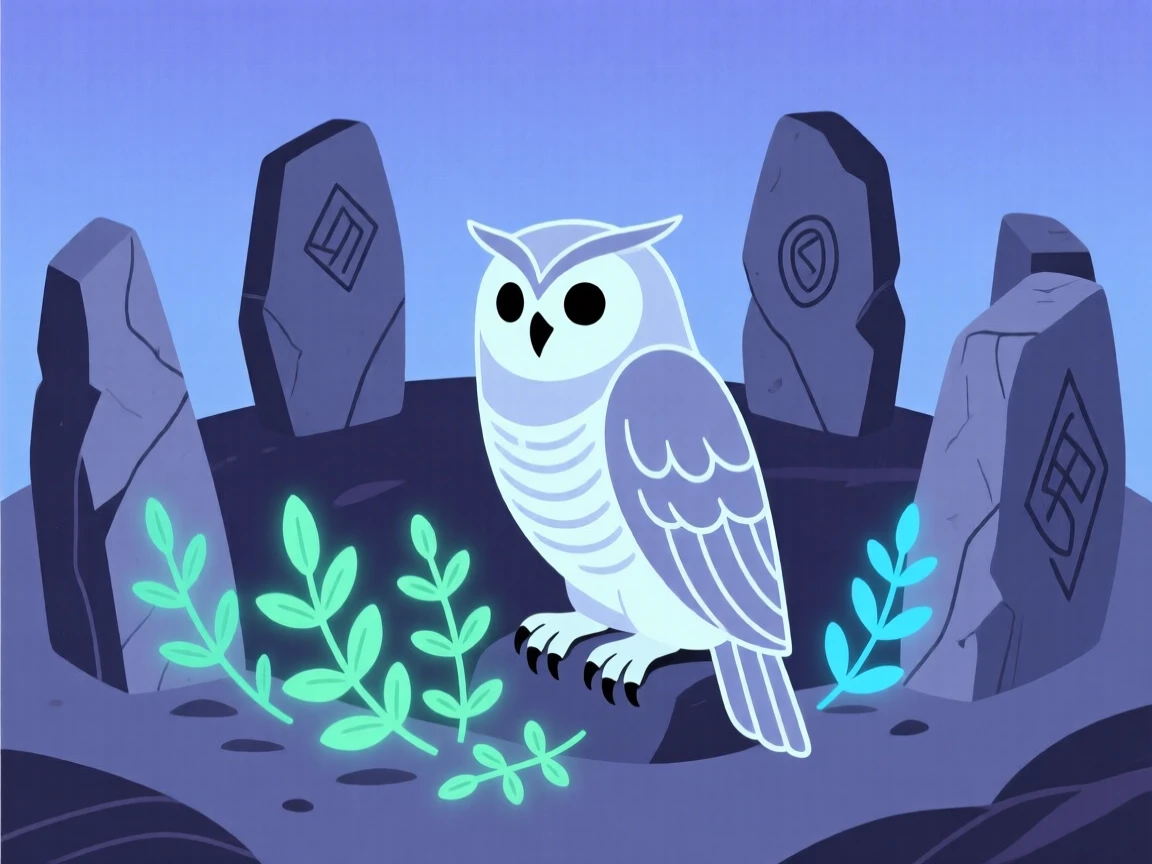 A mystical owl guardian gathering glowing herbs near an ancient stone circle.