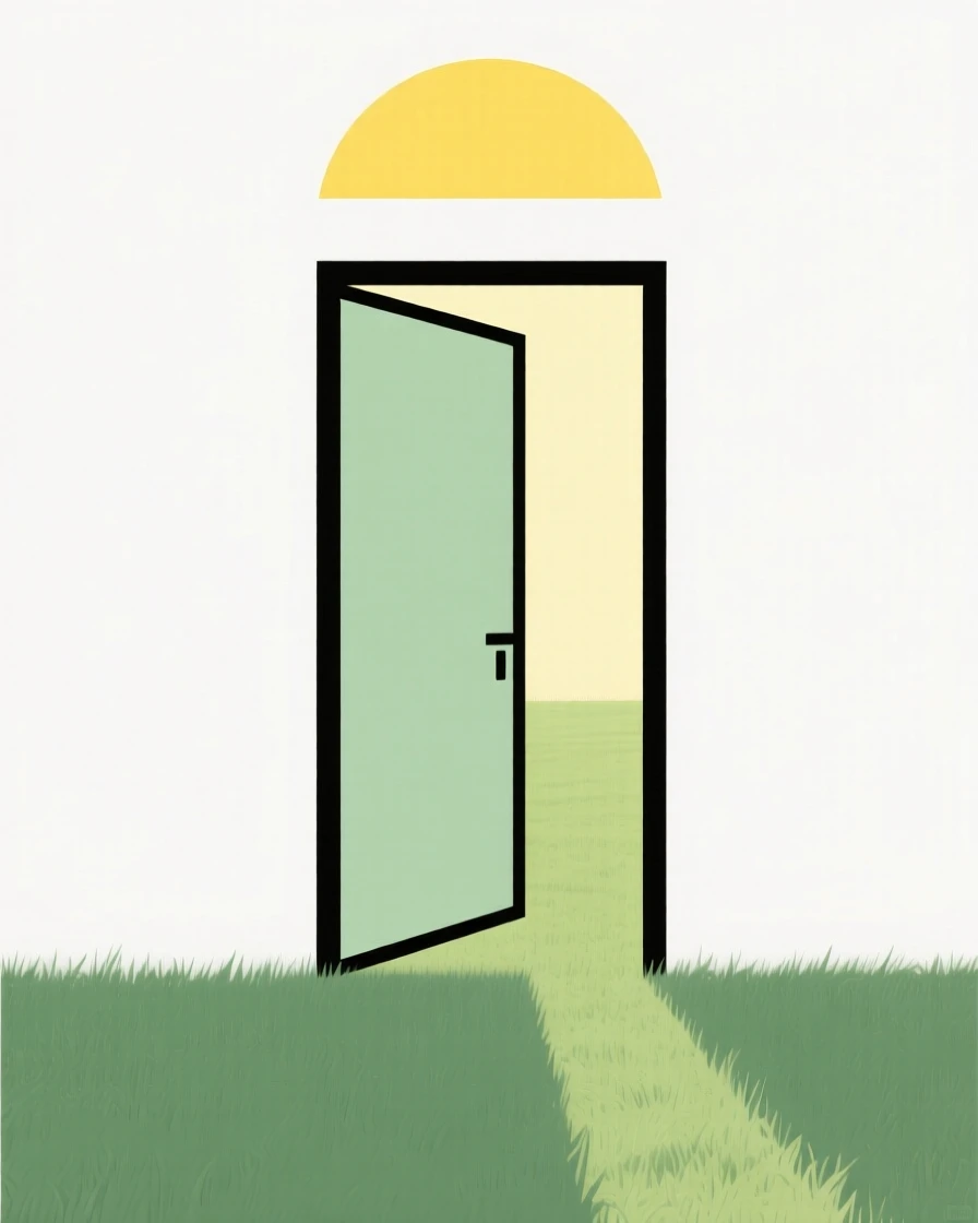 A single door opening to a sunlit meadow