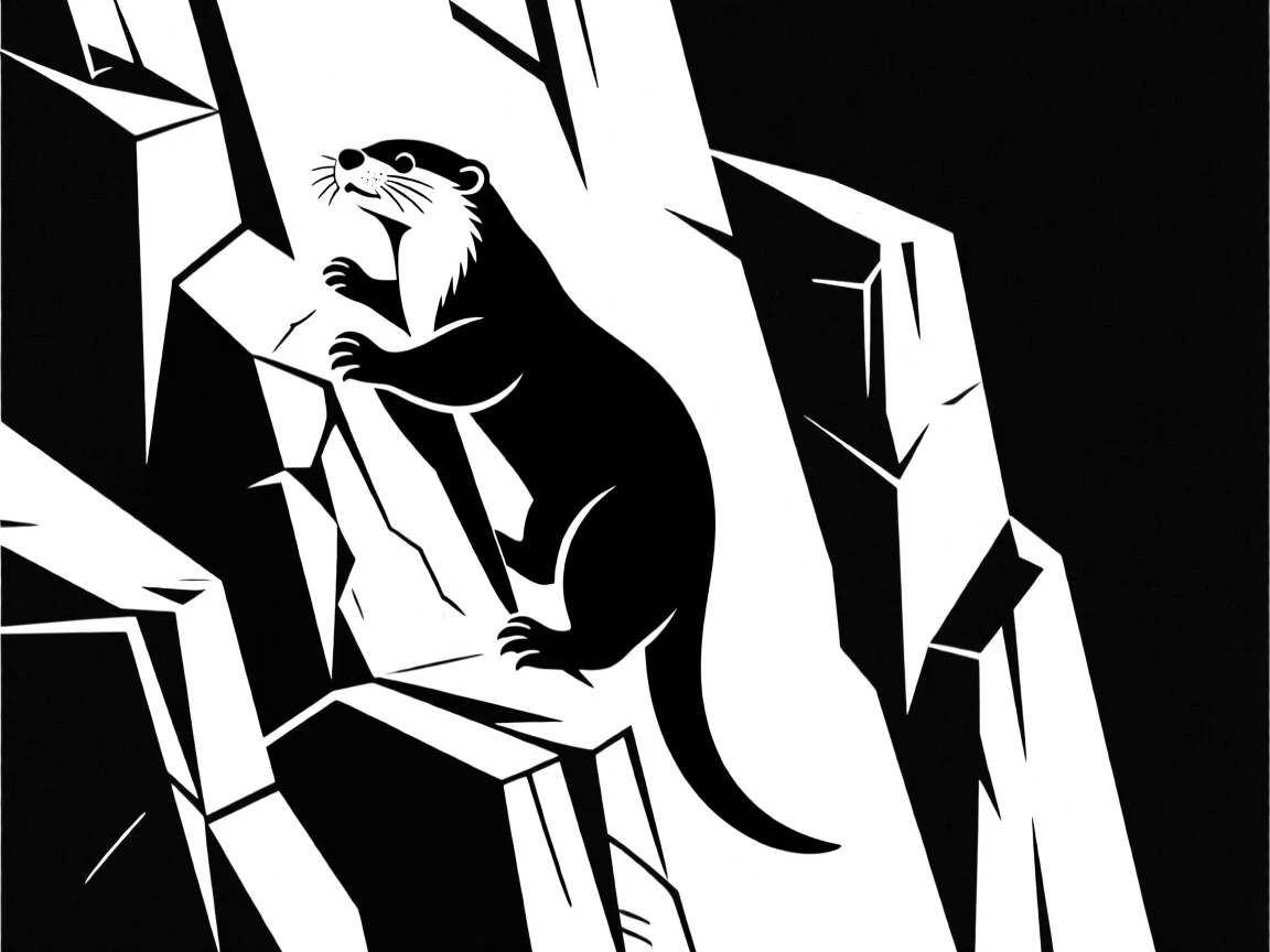 An otter climbing a rugged cliff face.