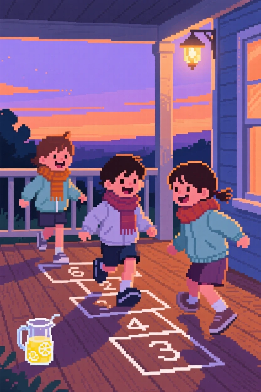Kids playing hopscotch wrapped up against the evening chill, on a porch during a warm summer night.