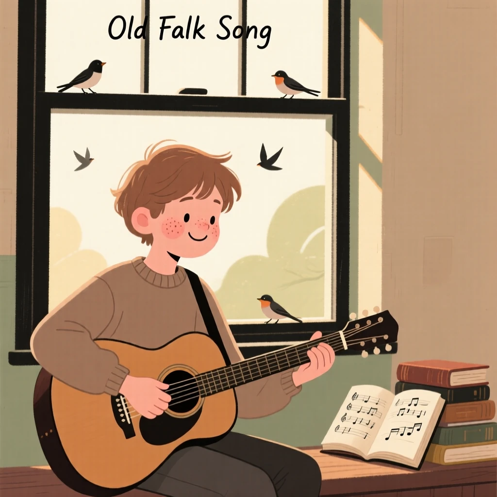A teenage guitarist sits by a sunlit window practicing an old folk song, fully absorbed as birdsong drifts through the open window.