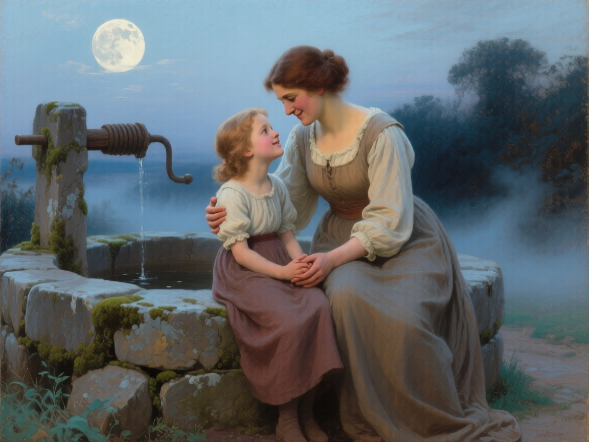 A detailed close shot of a mother and her daughter beside an old stone well, filled with tender affection, under a full moon.